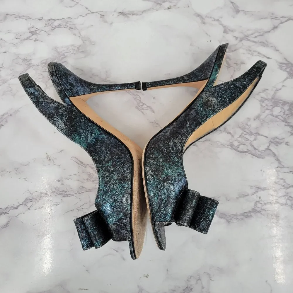 Kate Spade Leather Metallic Teal Silver Black Slingback Heels Bow Open Peep Toe